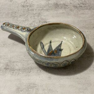 Ken Edwards Tonala Mexico Hand Painted Blue Bird Stoneware Handled Soup Bowl